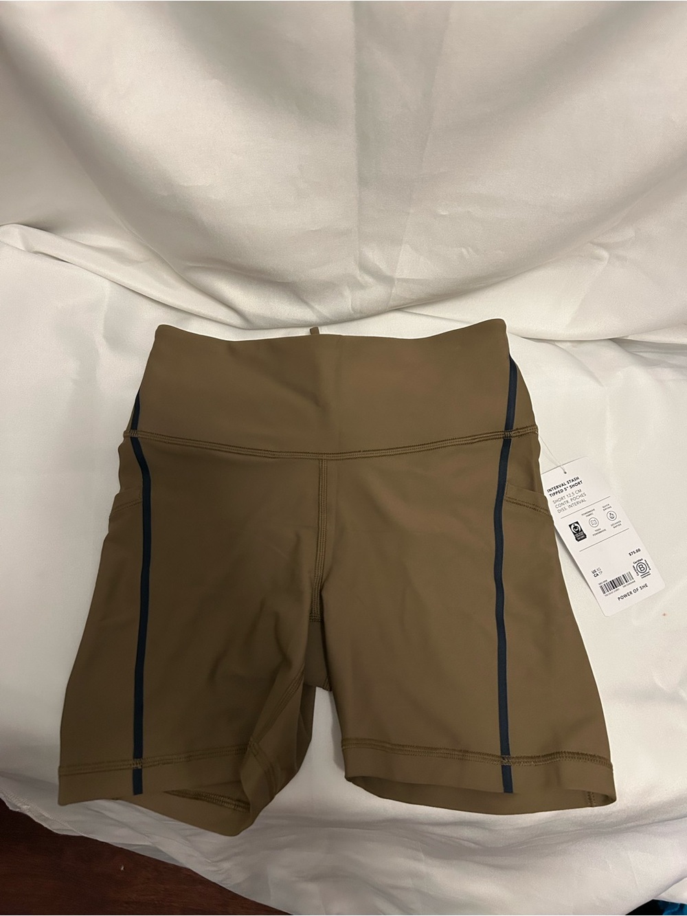 Athleta Olive High-Rise Bike Shorts with Navy Trim